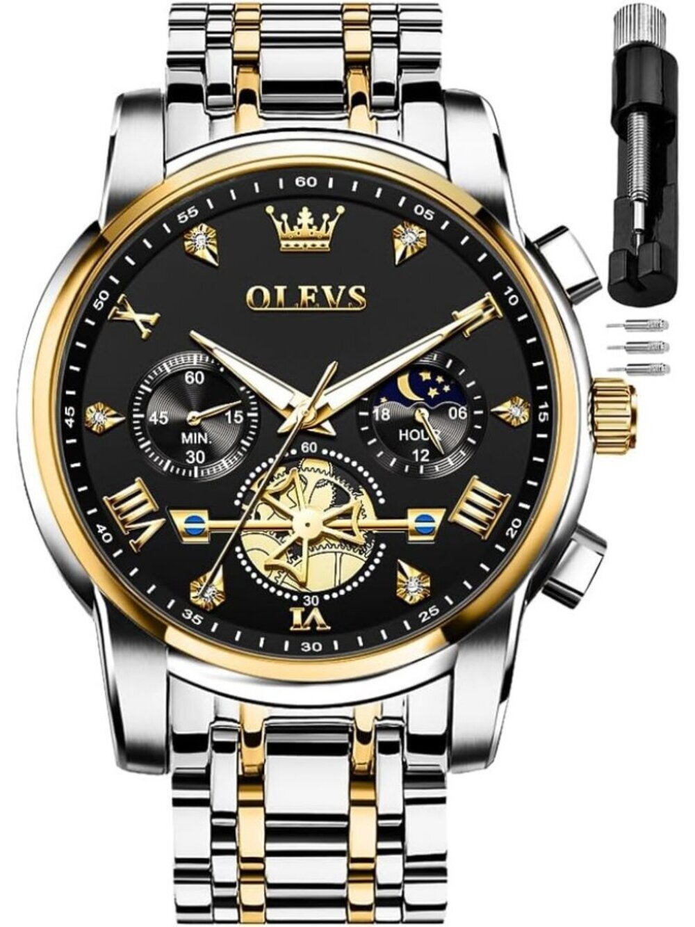 Men's Silver Black Skeleton Stainless Diamond Multi Calendar Chronograph Watch